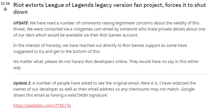 拳头公司威胁《LOL》怀旧服项目团队上交源代码