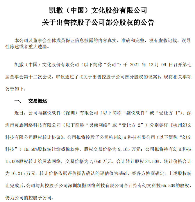 凯撒文化1.6亿转让子公司34.5%股权，后者主营IP业务