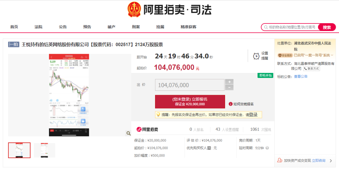 王悦所持恺英网络股份2124万股将被拍卖，参考价超亿元