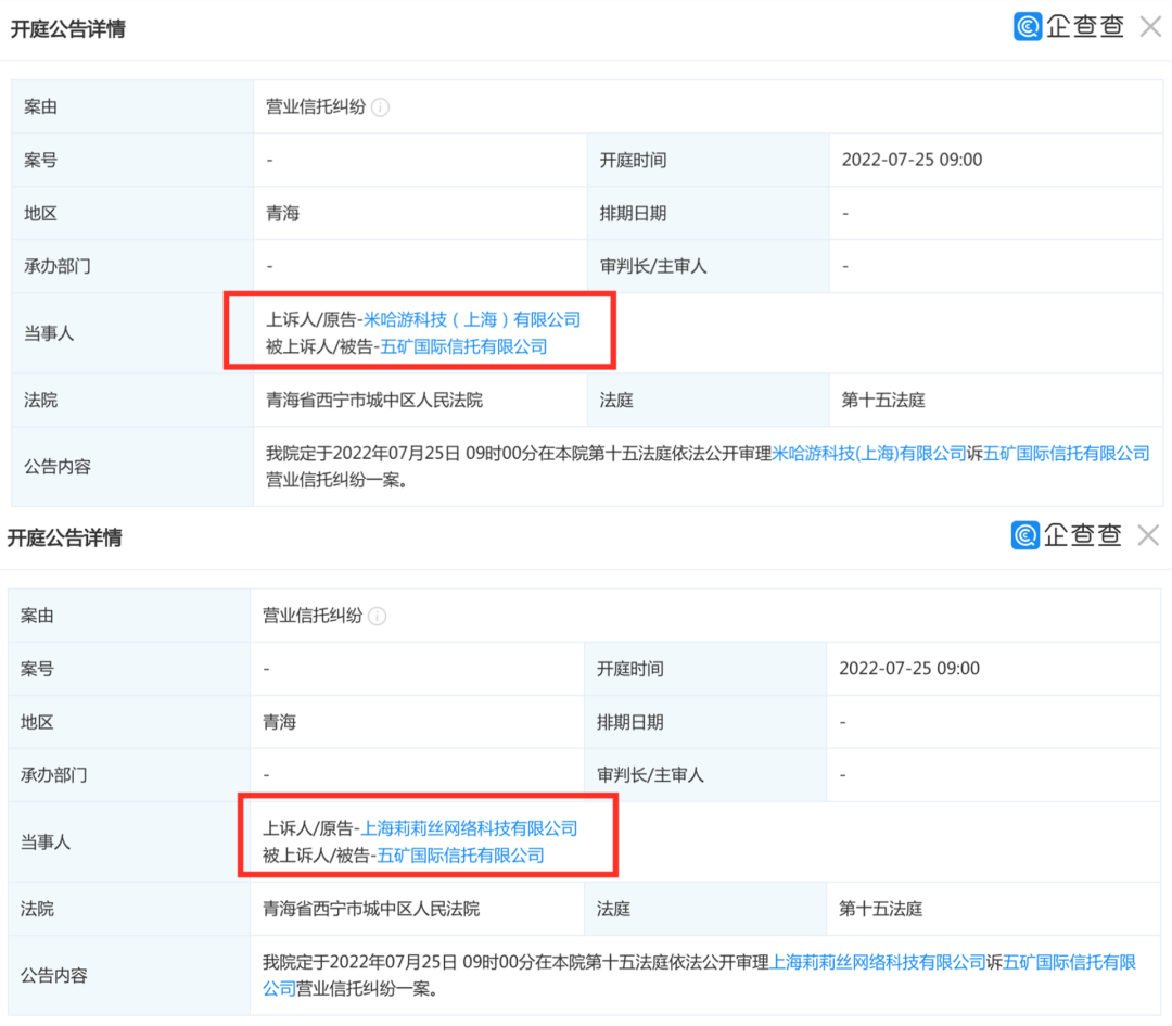 米哈游、莉莉丝起诉五矿信托，疑似投资的理财产品暴雷