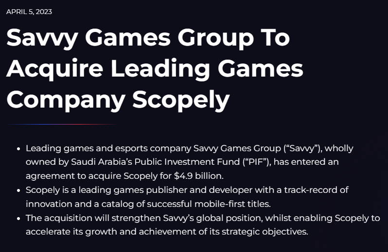 Savvy Games Group拟作价337亿人民币收购游戏商Scopely