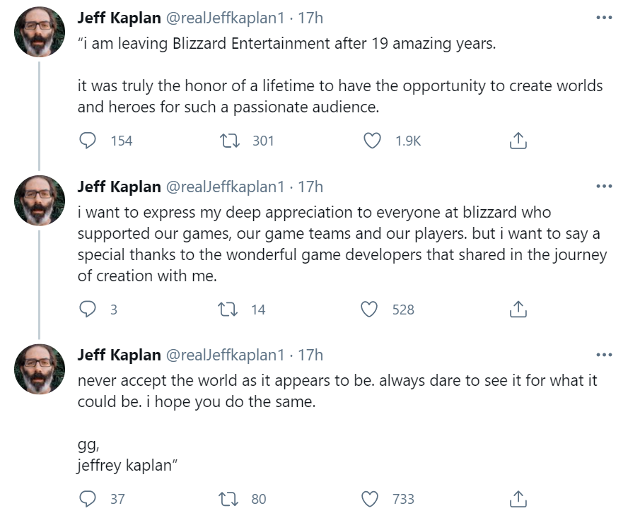 《守望先锋》总监Jeff Kaplan离职，曾效力暴雪19年