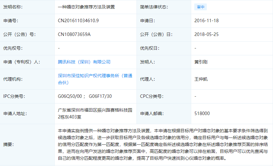 腾讯获专利授权，靠信用分找恋爱对象