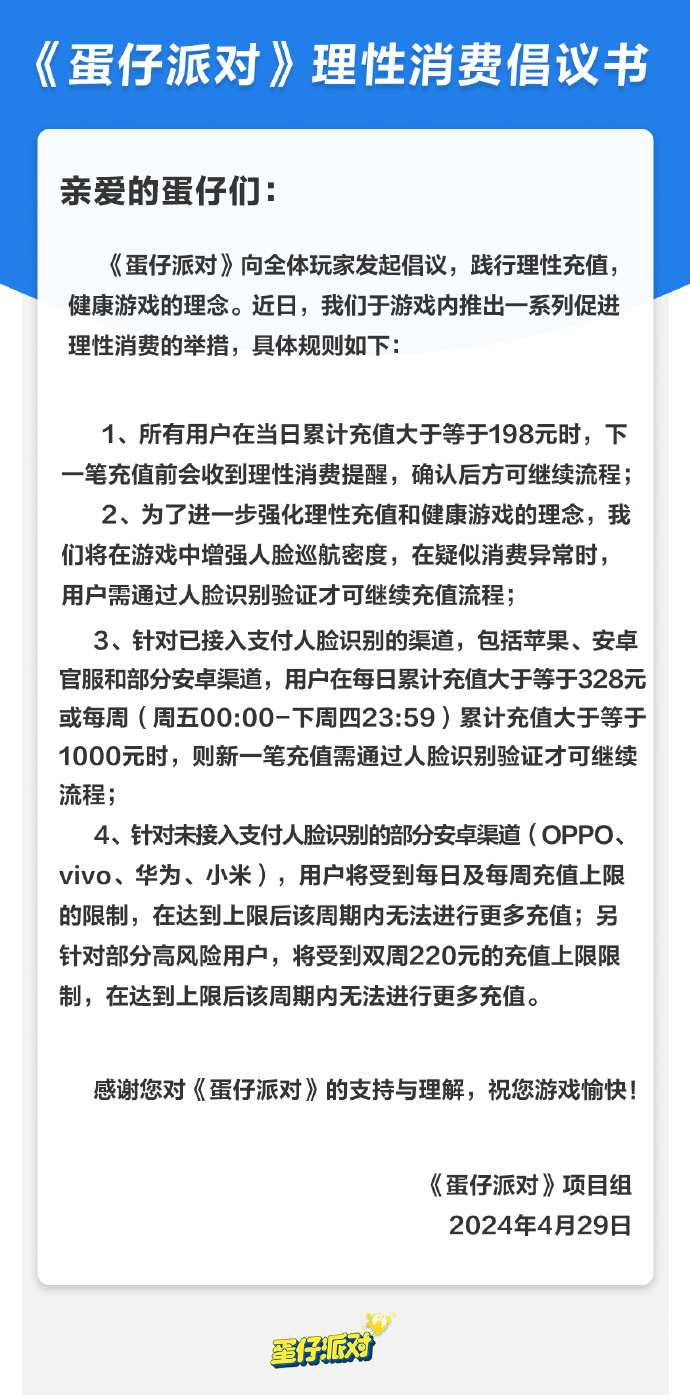 《蛋仔派对》发布理性消费倡议书：消费超198后元会收到提醒
